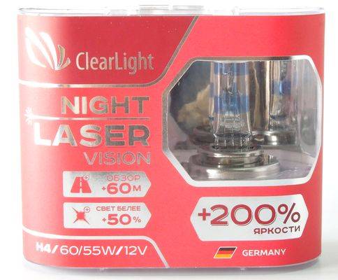 Лампа Clearlight H4-12-60/55 +200% Night Laser Vision набор 2шт Евро-бокс