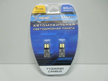 Лампа светодиод. 12V T10 бесцок. 4 диода SMD белая 5000K Canbus (обманка) (W5W) блистер 2шт (Xenite)
