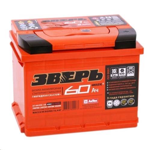 АКБ 6СТ- 60Ач ЗВЕРЬ обрат. поляр. (242*175*190 пуск. ток 650А) гарантия 36 мес