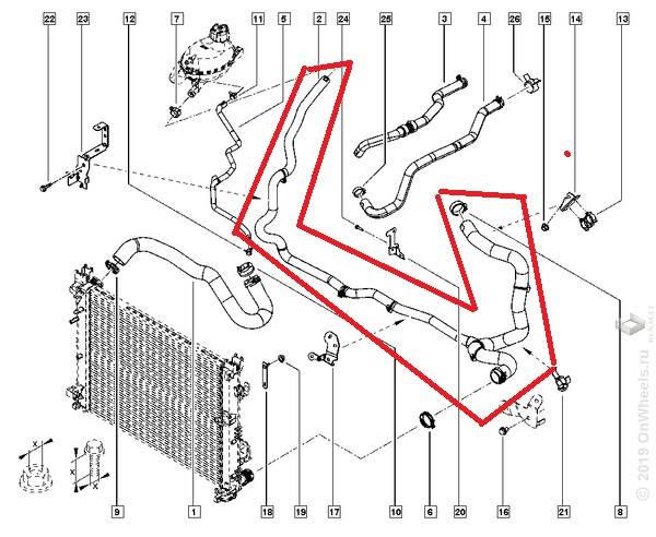 Патрубок радиат. Renault Logan II Sandero II (с ответвлениями)