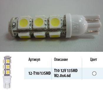Лампа светодиод. 12V T10 бесцок. 13 диодов SMD белая Упаковка 10шт (W5W) (МАЯК) (50/200) (Маякавто)