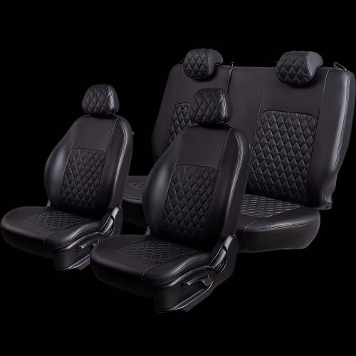 Чехлы на сиденье Kia Rio 3 UB хетчбэк 08.2011-09.2017г. 60/40 2Г Турин Ромб Экокожа черная/черная нить (разд.зад.спинка)