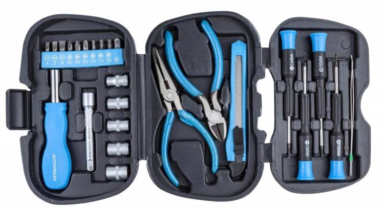 Набор инструментов 25 предметов 1/4" (головки, биты, отвертки, бокорезы, тонкогубцы, удлинитель, вороток) в кейсе, CrV