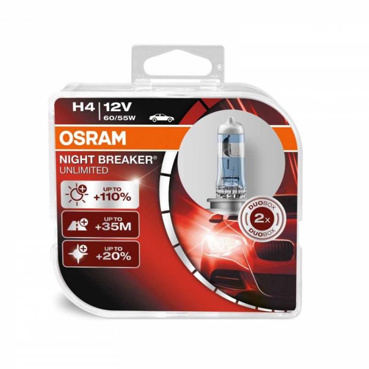 Лампа галогенная Osram H4 Night Breaker Unlimited, 12V 55W, +110%, 2 шт, 64193NBU-DUOBOX