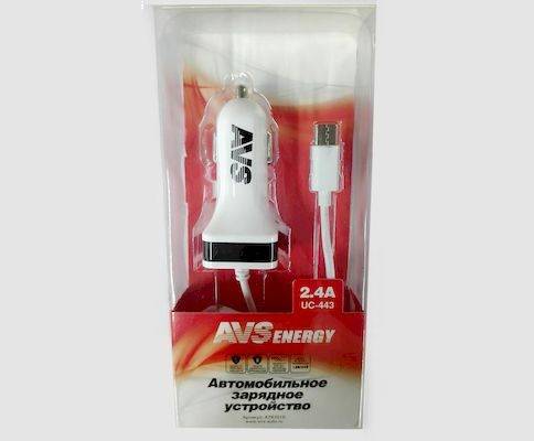 Устройство зарядное из прикуривателя UC-443, 1 USB разъем + Type C (AVS)