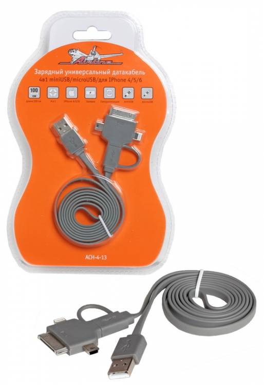 Дата-кабель универ. 4 в 1 miniUSB/microUSB/Iphone 4/5/6 (Airline)
