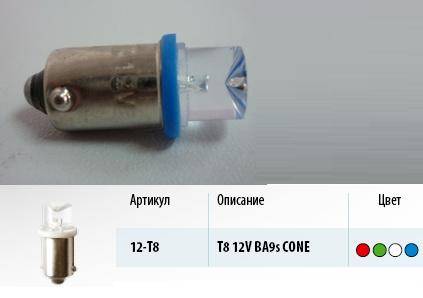 Лампа светодиод. 12V T8 с цоколем 1 диод LED синяя конус Упаковка 10шт (T4W) (МАЯК) (Маякавто)