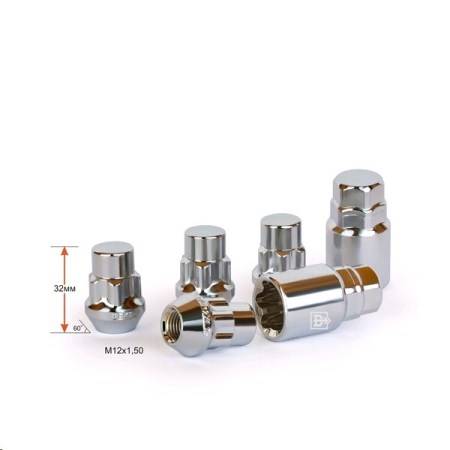 Гайка колеса секр. M12*1,50*32 Хром Конус с выступом, закр., 5 луч., 2 кл. (Вектор)