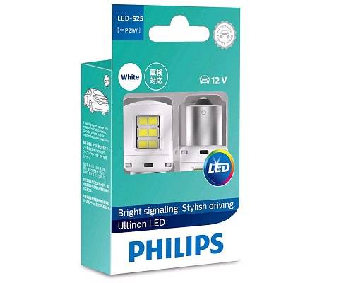 Лампа светодиод. 12V T25 6 диодов LED белая 6000К (P21W) набор 2шт (PHILIPS)