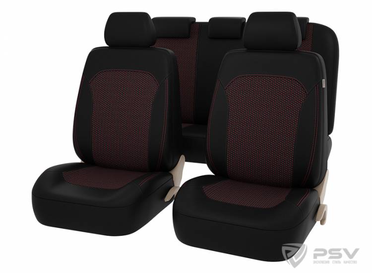 АВТОЧЕХЛЫ УНИВЕРСАЛЬНЫЕ PSV TALISMAN NEXT L, ЭКОКОЖА + ЖАККАРД, ЧЕРНЫЙ-КРАСНЫЙ 