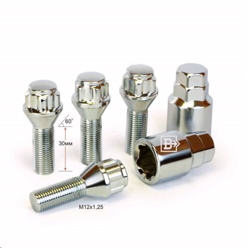 Болт секретный М12х1,25х30 Хром конус ВЕКТОР с выступом,5ти луч.2 ключа