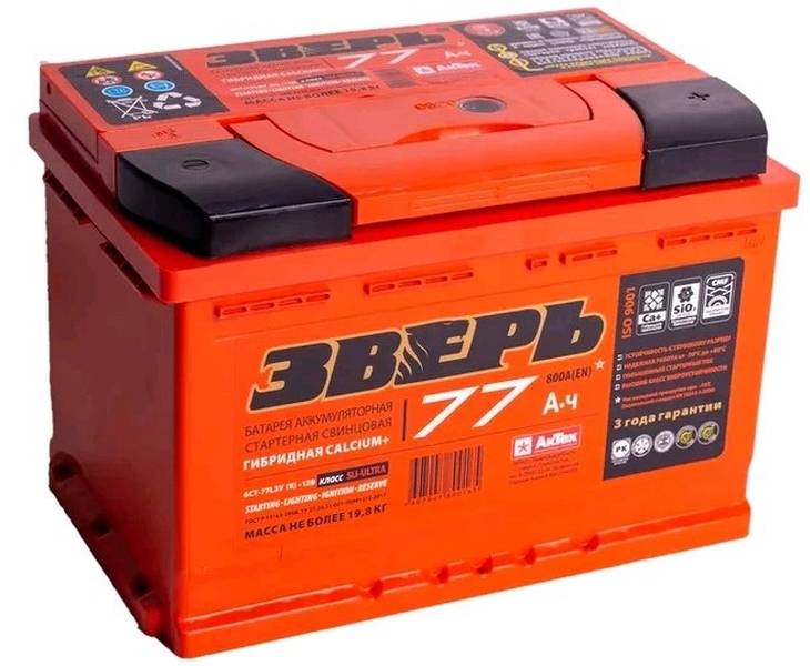 АКБ 6СТ- 77Ач ЗВЕРЬ обрат. поляр. (278*175*190 пуск. ток 800А). Гарантия 3 года