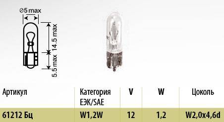 Лампа 12V бесцок. W1,2W (W2x4.6d) (МАЯК) (100/5000) (Маякавто)