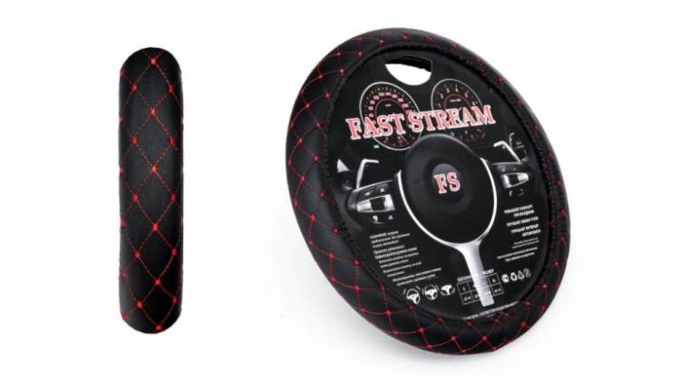 Оплетка руля L 39-40 см кожзам черная с красной нитью (FAST STREAM)