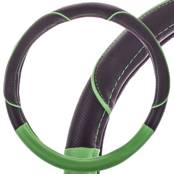 Оплетка руля M 37-38 см кожа черная с зеленой вставкой и зеленой полоской (SKYWAY)