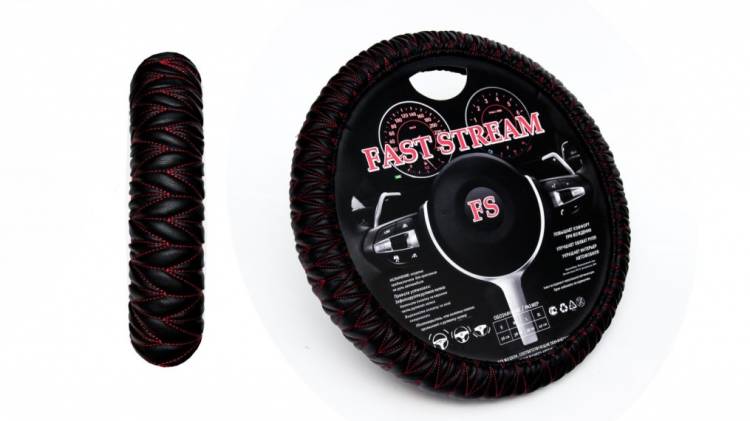 Оплетка руля M 37-38 см кожзам "Сборка" с красными строчками (FAST STREAM)