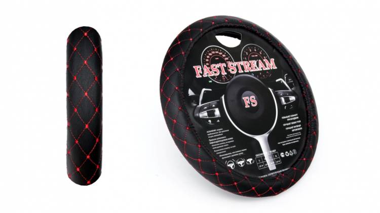 Оплетка руля M 37-38 см кожзам "Сетка" черная с красной нитью (FAST STREAM)