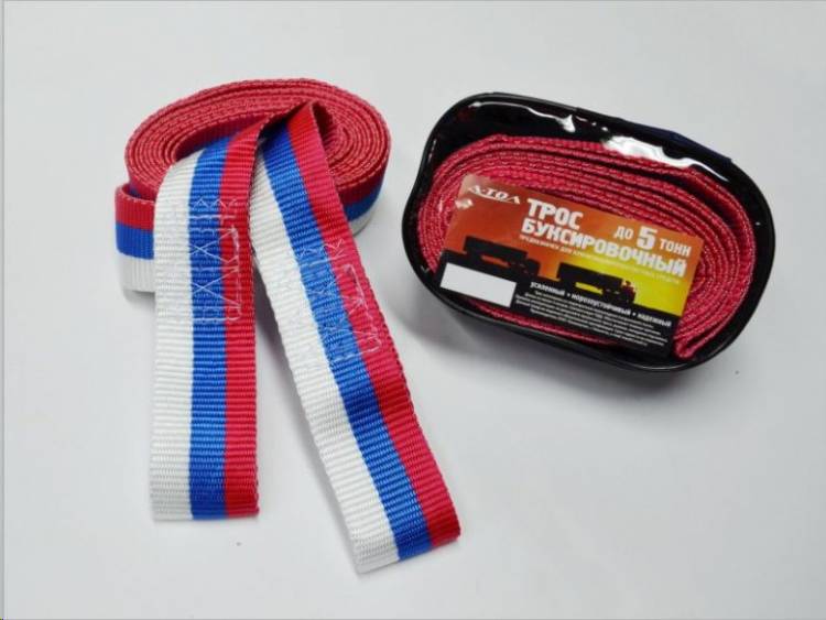 Трос буксир. (5 т) лента петли /4,5 м/ усилен.+перчатки в сумке (А-тол)