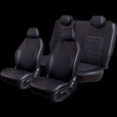 Чехлы на сиденье /Lada Largus/ 5 мест. с 02.2021г. 60/40 3Г Турин Ромб Экокожа черная/синяя нить (разд.зад.спинка)