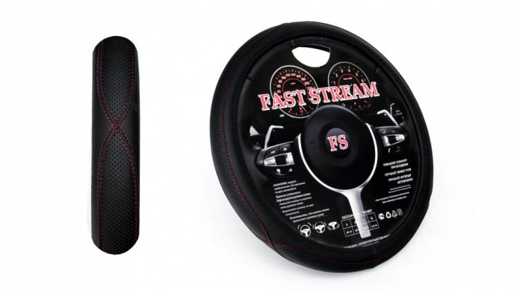 Оплетка руля M 37-38 см кожзам перф. со строчкой красной нитью (FAST STREAM)