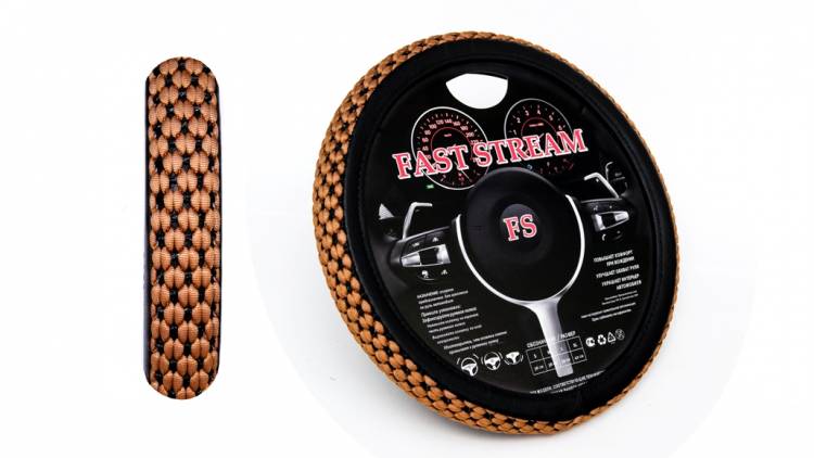 Оплетка руля M 37-38 см кожзам "Цветочки" с коричневой плетеной вставкой черная (FAST STREAM)