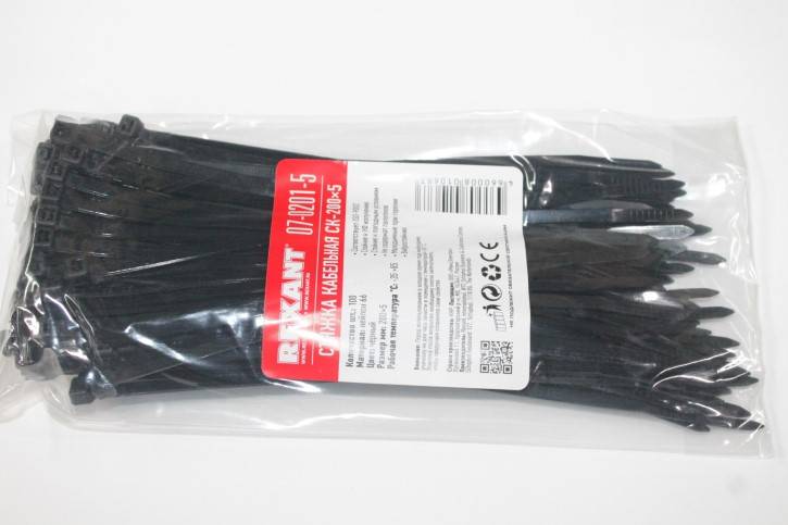 Хомут-стяжка нейлон 5.0*200 мм. черная (в 1 уп. 100 шт.!) (REXANT)