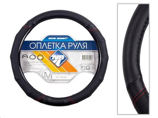 Оплетка руля M 37-38 см экокожа c черными вставками красная строчка