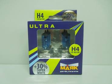 Лампа МАЯК УЛЬТРА NEW набор 2шт H4-12- 60/55 +30% (ярко-белая) (Маякавто)