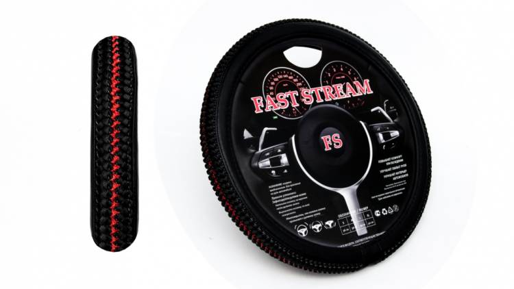 Оплетка руля M 37-38 см кожзам с черным плетеным узором в 2 ряда (FAST STREAM)