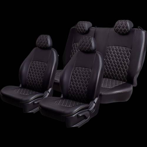 Чехлы на сиденье Nissan Almera Classic-1 (B10) 03.2006-11.2012г. 3Г Турин Ромб Экокожа черная/бежев.нить (цельн.зад.спин