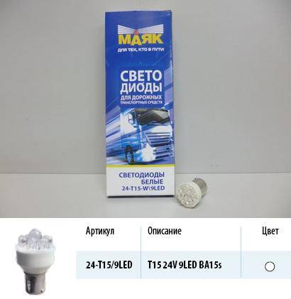 Лампа светодиод. 24V T15 9 диодов LED белая (BA15s) Упаковка 10шт (МАЯК) (50/200) (Маякавто)