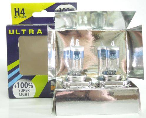 Лампа МАЯК УЛЬТРА NEW набор 2шт H4-24-75/70 +100% Super Light (супер-яркая)