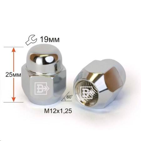 Гайка колеса M12*1,25 Хром высота 25мм Конус, закр., ключ 19мм (Вектор)